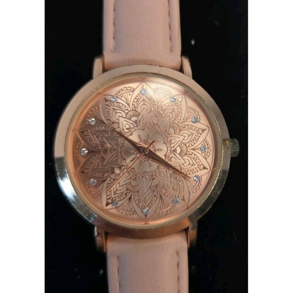 Ladies Accutime Stylish Round Rose Gold Tone Blush Pink Leather Band Watch